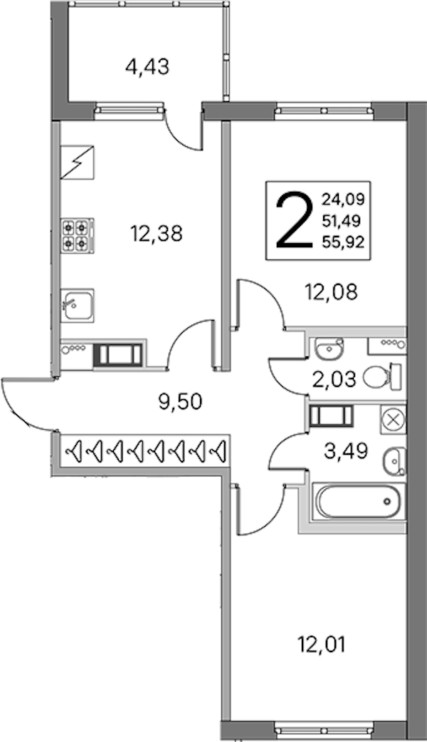 2-комнатная квартира 51.49 м², 4/5 эт., ЖК «ЮгТаун. Олимпийские кварталы»